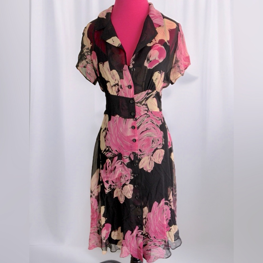 VINTAGE BETSEY JOHNSON 2PC CHIFFON FLORAL BUTTON DOWN MIDI DRESS W/POCKETS-10